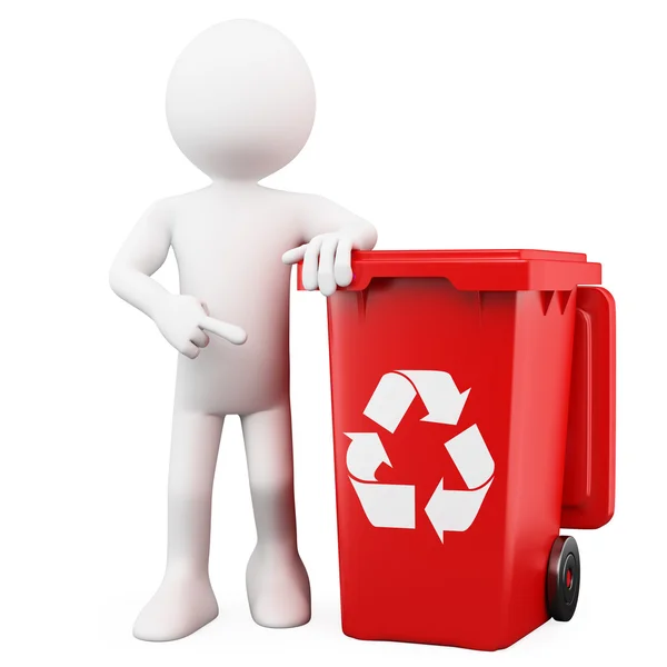 Homem 3D mostrando uma caixa vermelha para reciclagem — Fotografia de Stock