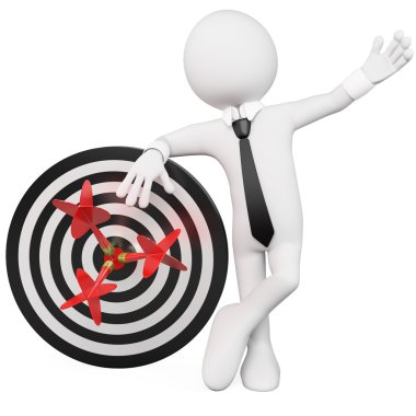 Man leaning on a target with three darts stuck in the bull's eye clipart