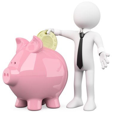 Businessman inserting a coin in a pink piggy bank clipart