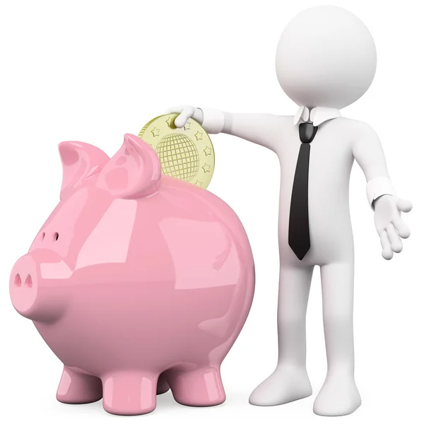 Бизнесмен вставляет монету в розовую копилку — стоковое фото