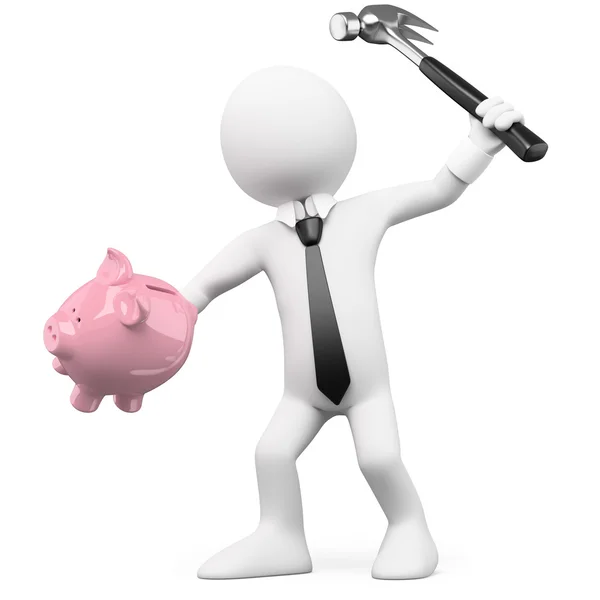 Businessman breaking a piggy bank with a hammer — Stock Photo, Image