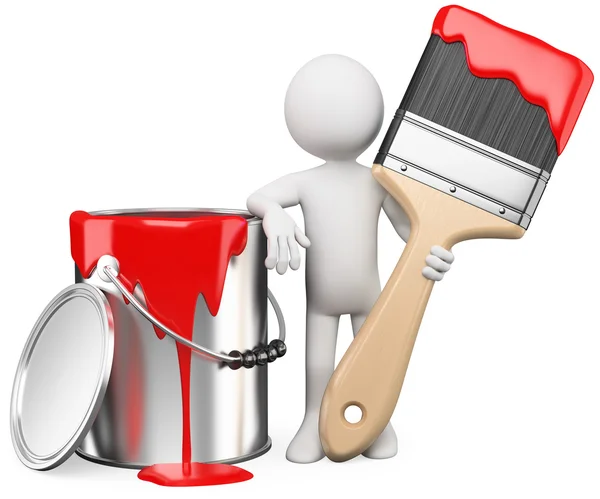 3D artist posing with a can of red paint and paintbrush — Stock Photo, Image