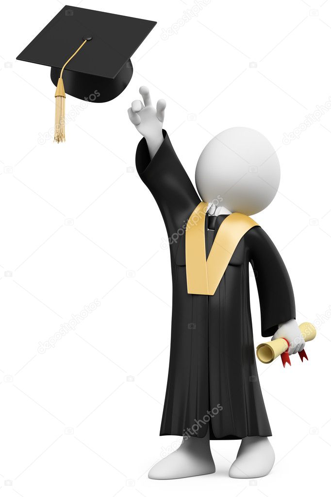 3D student dressed in cap and gown on graduation day