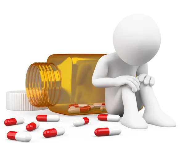 3D депресивний чоловік приймає таблетки — стокове фото