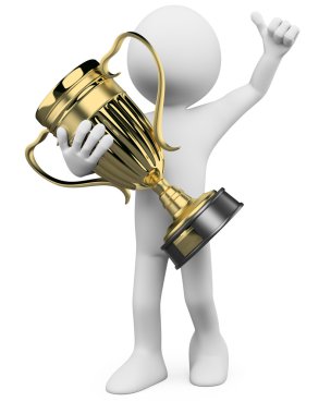 3D Winner with a gold trophy in the hands clipart