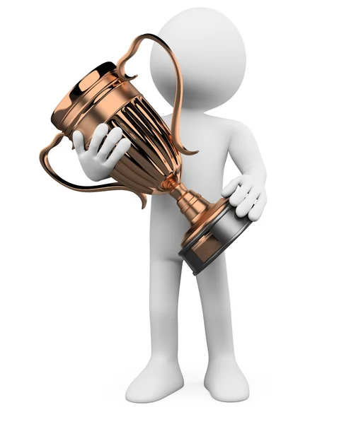 3D man with a bronze trophy in the hands — Stock Photo, Image