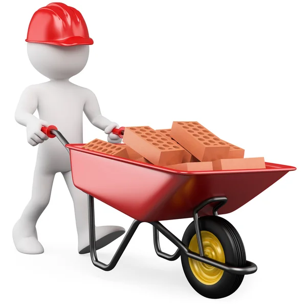 3D trabalhador empurrando um carrinho de mão com tijolos — Fotografia de Stock