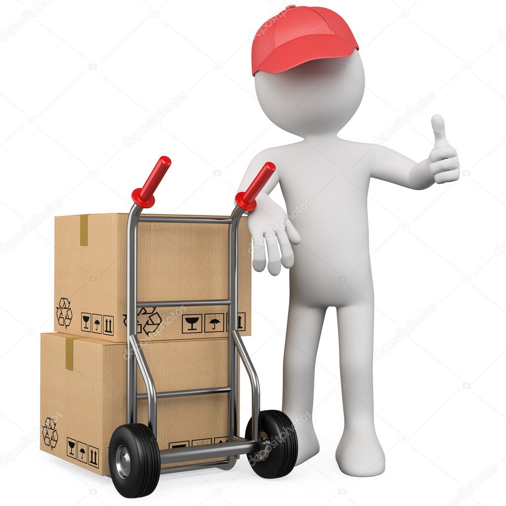 3D worker with a package and thumb up