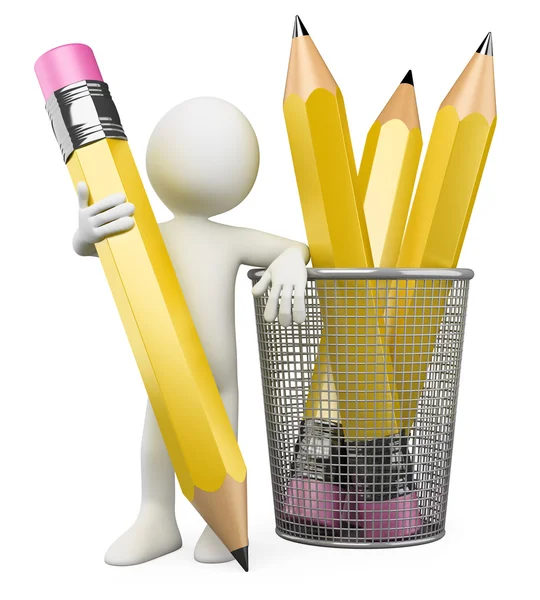 3D Man leaning on pencil holder — Stock Photo, Image