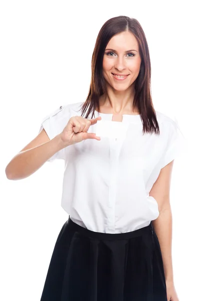 Young business woman with a business card — Stockfoto