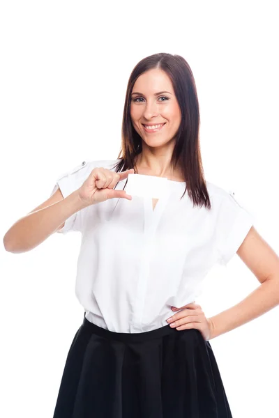 Young business woman with a business card — Stock Photo, Image