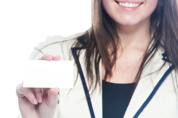 Young business woman with a business card — Stok fotoğraf