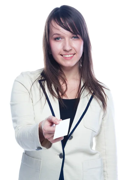 Young business woman with a business card — Stok fotoğraf