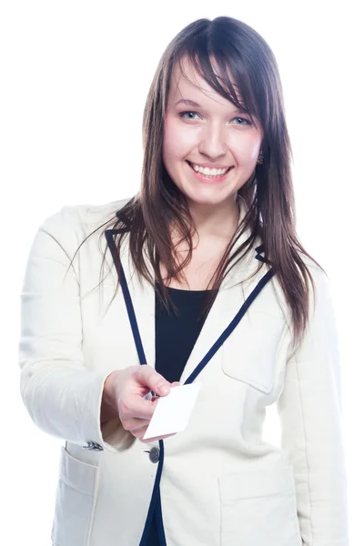 Mulher de negócios jovem com um cartão de visita — Fotografia de Stock
