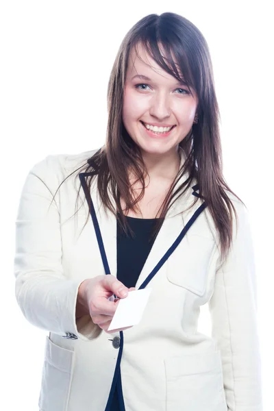 Young business woman with a business card — Stok fotoğraf