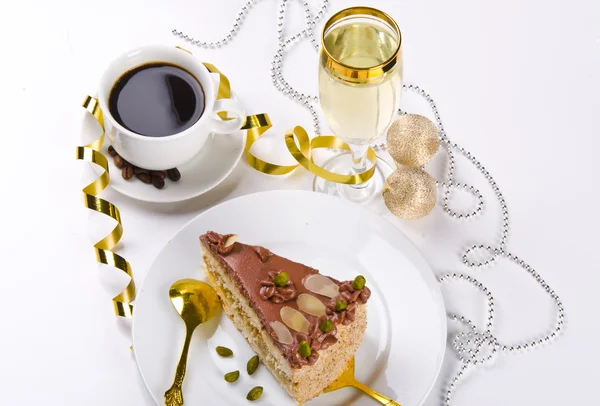 Halva-Kuchen, Kaffee und Champagner — Stockfoto