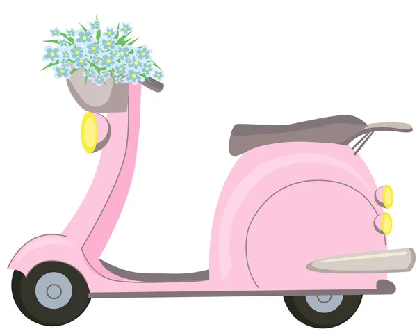 รถสกู๊ตเตอร์สีชมพูพร้อมดอกไม้ — ภาพเวกเตอร์สต็อก