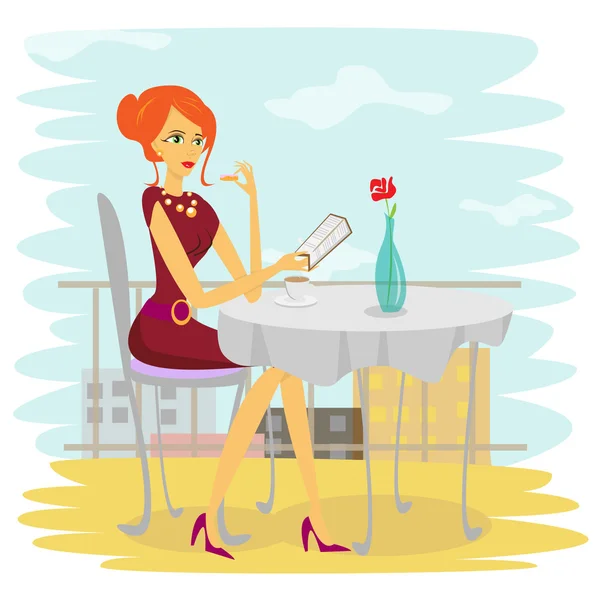 Femme dans un café avec livre — Image vectorielle