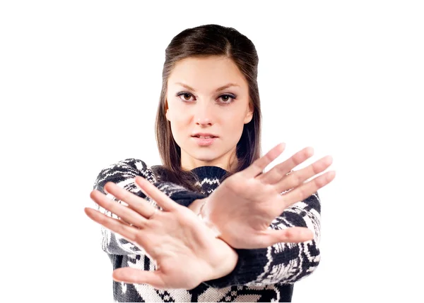 Genç kadın gösteren dur işareti — Stok fotoğraf