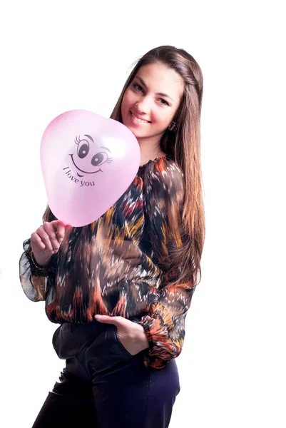 Young happy woman with pink balloon — Stock Photo, Image