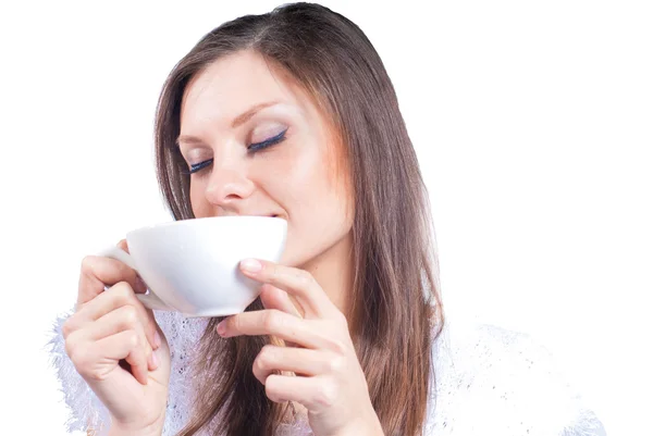 Woman with white cup eyes closed — Stock Photo, Image