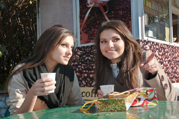 Two beautiful young girls drinking coffee — Stock Photo, Image