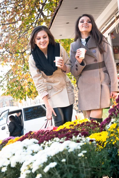 Two beautiful young girls buying flowers — Stock Photo, Image