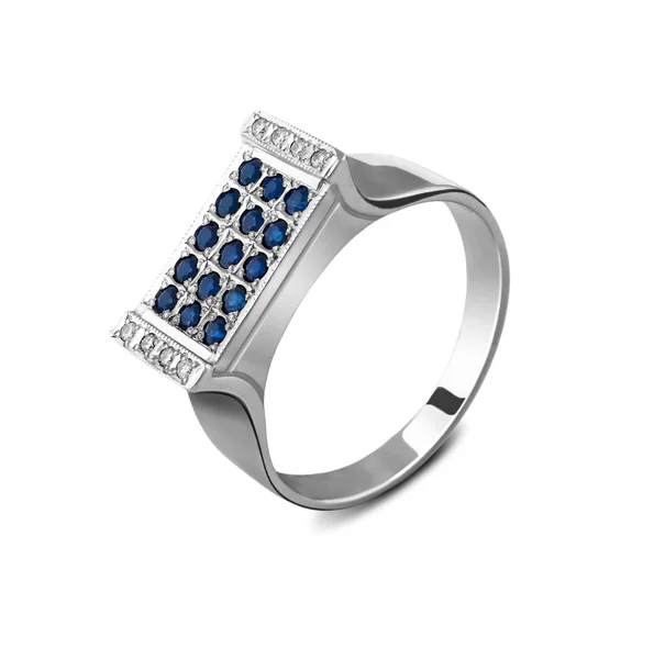 Серебряное кольцо с бриллиантами на белом — стоковое фото