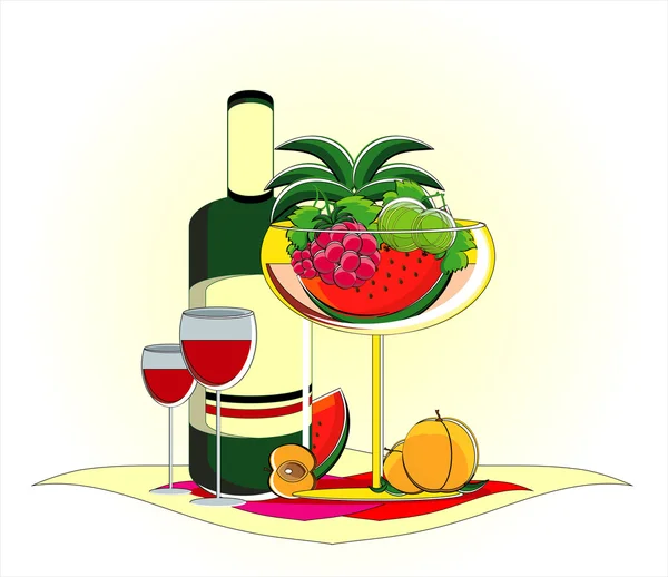 役立たれるテーブル上にワインのボトルの花瓶の果物 — ストックベクタ