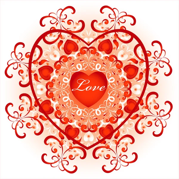 Красное сердце в декоративном узоре с завитком — стоковый вектор