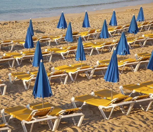 Sandy beach in the morning with beach beds and umbrella — Stock Photo, Image