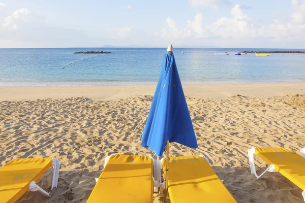 Зонтики и пустые пляжные диваны на пляже при утреннем свете — стоковое фото