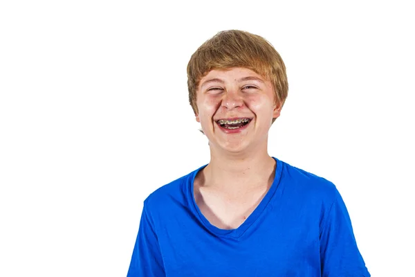 Bonito rindo menino feliz isolado no branco — Fotografia de Stock