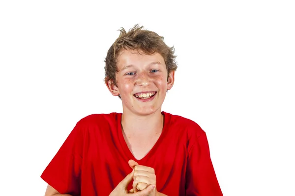 Niedliche lachende glückliche Junge isoliert auf weiß — Stockfoto