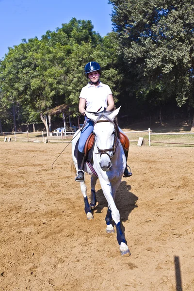 Cavaliere femminile allena il cavallo nel corso di equitazione — Foto Stock