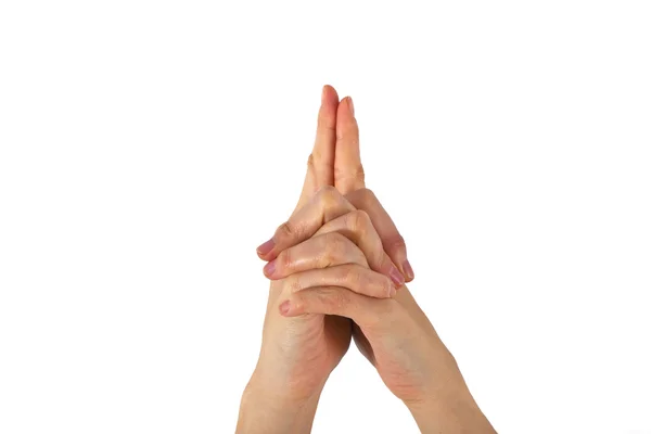 A womans hand is shown in yoga gesture — Stock Photo, Image