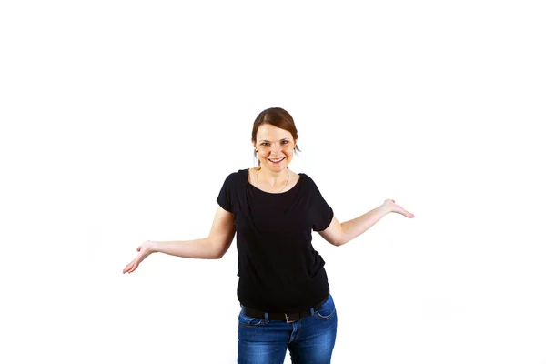 Happy beautiful young woman gesturing with hands — Stock Photo, Image