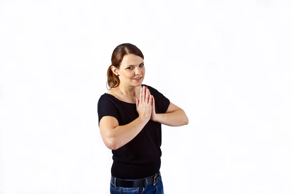 Happy krásná mladá žena gestikuloval rukama — Stock fotografie