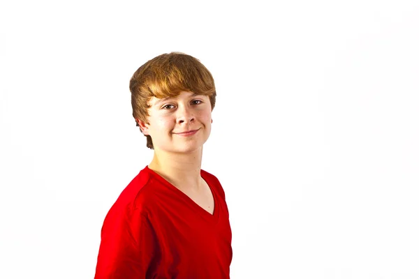 Posing cute happy smiling boy with red shirt — Stock Photo, Image