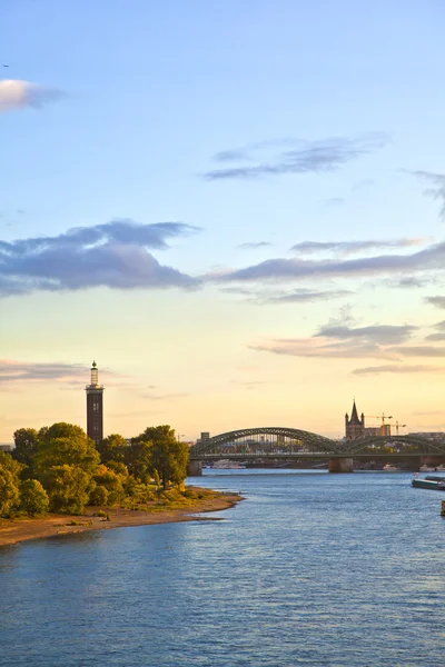 Günbatımı Köln kubbe ve nehir Ren — Stok fotoğraf