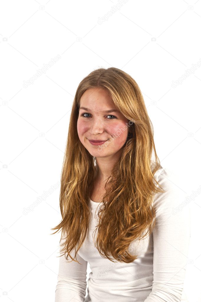 Portrait of happy beautiful girl witl long light brown hair, is