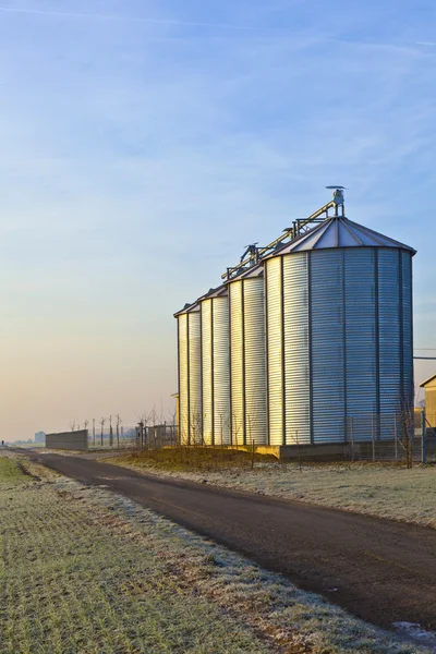 stock image Silos in the middle of a field in wintertime