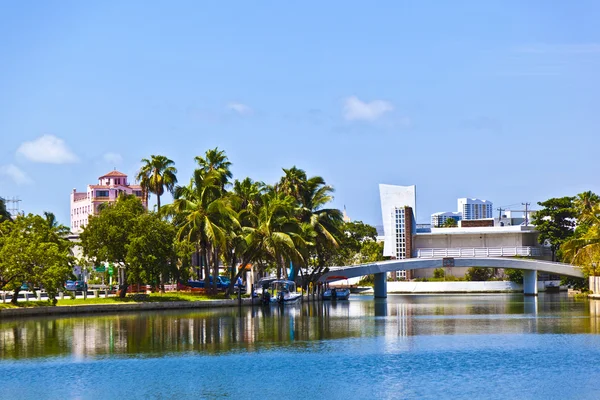 Apartmanok pálmafa Drive, Dél-Miami, tiszta kék ég — Stock Fotó