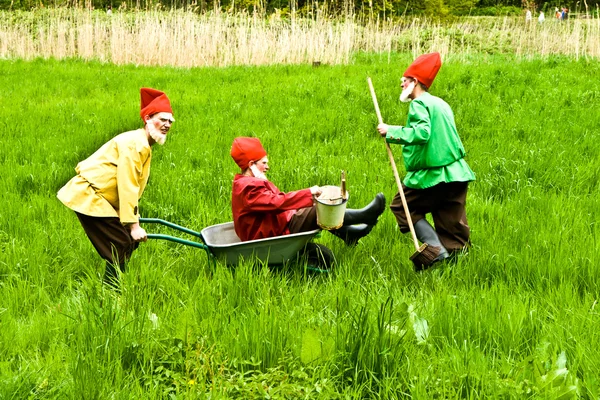 Drie tuin kabouters genieten van kinderen op het festival voor inaugurat — Stockfoto