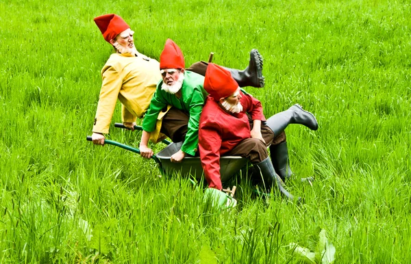 Three garden gnomes enjoy children at the festival for inaugurat — Stock Photo, Image