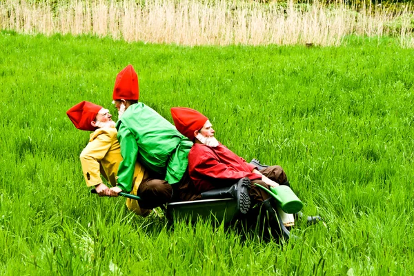 Tre gnomi da giardino godono dei bambini al festival per l'inaugurazione — Foto Stock