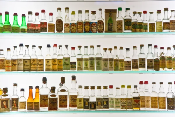 Vecchie bottiglie di Grappa a Basano de Grappa in un Museo della Grappa — Foto Stock
