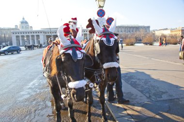 Fiaker 'ın şoförü kırmızı Noel Baba gibi giyinmiş.