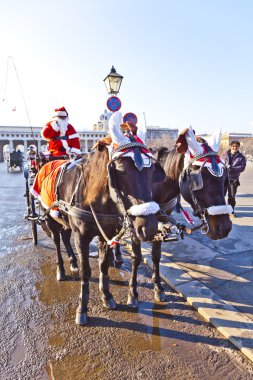 Fiaker 'ın şoförü kırmızı Noel Baba gibi giyinmiş.