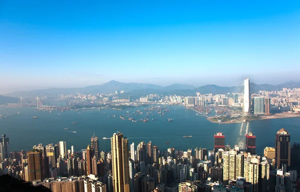 Hong Kong vista dal Victoria Peak alla baia e il grattacielo — Foto Stock